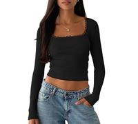 Cioatin Haut court Y2K en dentelle patchwork à manches longues en tricot côtelé col rond moulant pour sortir, noir, Taille S