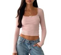 Cioatin Haut court Y2K en dentelle patchwork à manches longues en tricot côtelé col rond moulant pour sortir, rose, Taille S