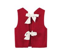 Cioatin Pull court en tricot avec nœud papillon et dos ouvert pour femme Y2K sans manches col rond dos nu, Rouge, Taille L