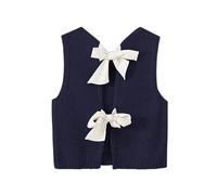 Cioatin Pull court en tricot avec nœud papillon et dos ouvert pour femme Y2K sans manches col rond dos nu, bleu marine, Taille M