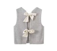 Cioatin Pull court en tricot avec nœud papillon et dos ouvert pour femme Y2K sans manches col rond dos nu, Gris chiné, Taille M