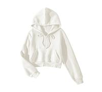 Cioatin Veste à capuche courte en polaire à manches longues et à fermeture éclair pour femme, blanc, Small
