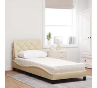 CIOURSTO Cadre de Lit, Tissu Polyester et Structures en Bois, Cadre de Bed avec Matelas et Tête de Lit Blancs, Mobilier de Chambre (90 x 190 cm)