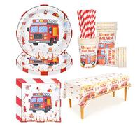 CIOXSOIO Set de Vaisselle Camion de Pompiers, 20 Assiettes en Carton, 20 Gobelets, 20 Serviettes, 20 Pailles et 1 Nappe, Vaisselle pour 20 Invités, Décoration D'anniversaire pour Enfants