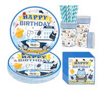 CIOXSOIO Set de Vaisselle de Police, 20 Assiettes en Carton, 20 Gobelets, 20 Serviettes et 20 Pailles, 20 Invités Police à Thème Décoration D'anniversaire pour Enfants