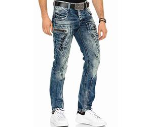 Cipo & Baxx Pantalon en jean pour homme - Différentes tailles - Look usé et usé avec rivets, cuir synthétique et imprimé - Style motard moderne, Bleu-c-1178, 33W / 32L