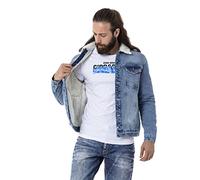Cipo & Baxx Veste en jean doublée en denim pour homme - Col en fourrure - Automne-hiver - CJ294, bleu clair, M