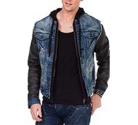Cipo & Baxx Veste en jean pour homme - Veste demi-saison - Avec capuche - Design - Manches en cuir synthétique - Veste en denim avec capuche - Bleu - XX-Large