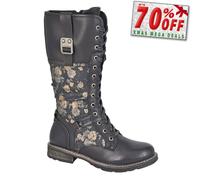 Cipriata Abela Femmes Bottes Cuissarde à Lacet Mémoire Mousse Bottes Floral Noir