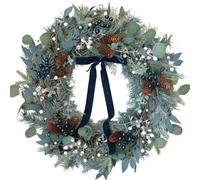 CIR OASES Couronne de Noël d'hiver de 61 cm pour porte d'entrée, couronne d'olive verte et eucalyptus avec baies blanches, pommes de pin et nœud bleu, décoration intérieure et extérieure