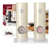 CIRCLE JOY Ensemble de Moulin à Poivre Électrique Deux Moulins à Sel à Piles avec Base, Lumière LED Blanche et Grossièreté Réglable, Blanc Cassé