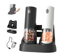 CIRCLE JOY Ensemble de Moulin à Poivre Électrique Moulins à Épices avec Base de Charge Facile à Transporter, Écipient de 95ml, Lumière LED Blanche et Grosseur Réglable par L'extérieur, Noir Blanc