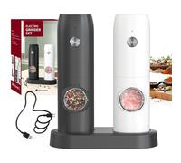 CIRCLE JOY Ensemble de Moulin à Poivre Électrique Moulins à Sel Rechargeables avec Double Base de Charge, Lumière LED Blanche, et Grossièreté Réglable, Noir Blanc