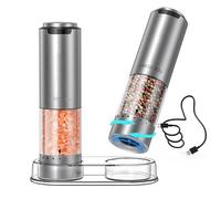 CIRCLE JOY Ensemble de Moulin à Sel et Poivre Électrique Rechargeable Moulin à Épices avec Base, Récipient Transparent de 95ml, Lumière LED Blanche et Grosseur Réglable par L'extérieur