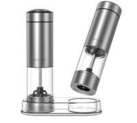 CIRCLE JOY Ensemble de Moulins à Poivre Électriques en Acier Inoxydable Moulin à Épices à Piles avec Base, Récipient Transparent Lavable de 95ml, Lumière LED Blanche et Grossièreté Réglable