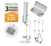 CIRCLE JOY Mousseur à lait Rechargeable avec Support, 3 Vitesses Variables | 3 Fouets et Boîte de Rangement, Mélangeur Électrique pour Cappuccino, Chocolat Chaud, œufs et Poudre de Protéines, Argenté