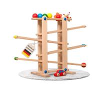 Circuit à billes stable L en bois naturel, 7 mobiles mignons comme voiture, fleur, casper, boule, grand circuit de billes pour enfants, circuit de course pour bébé et tout-petit, jouet de motricité