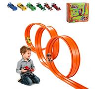 Circuit de course flexible pour enfants, autoroute de 6 m avec 6 voitures, double piste de course portable et rampe pour voitures jouet 1/64, circuit de course, jouet cadeau à partir de 3 ans