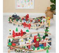 Circuit de train en bois 100 pièces avec grue magnétique pont et hélicoptère compatible avec les grands réseaux