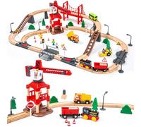 Circuit de Train en Bois avec Train Électrique & Grue Magnétique, 86 Pièces Jeu de Train de Construction, Double Circuit avec Rails à Aiguillage, Compatible avec Thomas, Brio, IKEA, Jouet