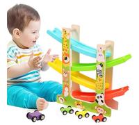 Circuit de Voiture en Bois avec 6 Petites Voitures, Rampe de Course Toboggan, Jouet d'Éveil Bébé 1 An 2 Ans, Cadeau Anniversaire Éducatif Montessori pour Fille et Garçon, Apprentissage Motricité