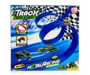 Circuit de voiture flexible de 5 m avec 4 voitures et 12 ventouses - Circuit pour enfants de 3 ans et plus pour des pistes créatives, des loopings et montage mural | BLUETURBO Circuit de voiture