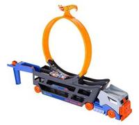 Hot Wheels Camion transporteur de piste Stunt and Go Looping et rampe pliable pour 18 voitures GCK38