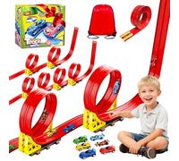 Circuit Voiture Enfant 5M, Piste de Course pour Voiture Double, 1:64 Circuit Flexible Voies avec 6 Voitures, Circuit de Voiture avec Sac de Rangement Ventouse Cadeau pour Garçons Filles (Rouge)