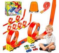 Circuit Voiture Enfant 5M, Piste de Course pour Voiture Double, Circuit Flexible Voies avec 6 Voiture, Piste de Voiture Enroulable avec Sac de Rangement Ventouse Cadeau pour Garçons Filles(Orange)