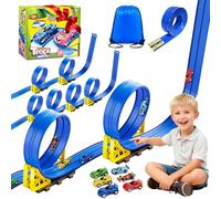 Circuit Voiture Enfant 5M, Piste de Course pour Voiture Double, Circuit Flexible Voies avec 6 Voiture, Piste de Voiture Enroulable avec Sac de Rangement Ventouse Cadeau pour Garçons Filles(Bleu)