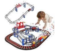 Circuit Voiture Enfant & Train Électrique - 110 Pièces Double Piste de Course avec Locomotive Musicale, Wagons, Pont Suspendu & Accessoires Ville, Jeu de Construction DIY Cadeau Garçon Fille 3-6 Ans