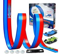 Circuit Voiture, Piste de Voiture 4.5M Inclut 2 Voitures, Piste Bicolore Rouge et Bleue, Autoroute de Rangement Ventouse, avec Rampe, pour Sauts Boucles, pour Voiture 1/64ème