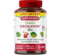 Circulation sanguine bio - Jambes lourdes - Format promo - Gélules | Cure de 150 gélules soit +25% offert-Vigne Rouge, Ginkgo Biloba, Hamamélis, Marronnier d'Inde-Fabrication française-Superdiet