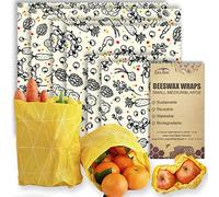 Cire d'abeille Emballages alimentaires réutilisables - (6 paquets, 3 tailles S,M,L, avec 2 mètres de corde de chanvre, deux boutons)wrap écologique, papier ciré pour aliments, Légumes