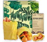 Cire d'abeille Emballages alimentaires réutilisables - (6 paquets, 3 tailles S,M,L, avec 2 mètres de corde de chanvre, deux boutons)wrap écologique, papier ciré pour aliments, Monstera