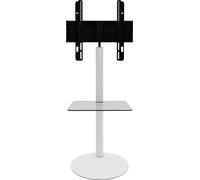 Cirla Meuble TV avec 1 tablette de rangement, pied rond, blanc, verre transparent.