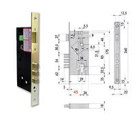 Cisa 1.52521.50.0 - encastrée bois e = 50 Loquet et bulones face droite en laiton sans cylindre