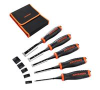 Ciseaux a Bois en Cr-V Professionnels 5 Pieces, JORGENSEN, Largeur de 6/10/12/19/25 mm, avec Capuchon en Metal et Lame de Protection et Sac Durable pour Menuiserie Sculpture