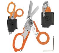 Ciseaux de traumatologie pliables multifonctionnels 6 en 1 avec étui en cuir compatible ciseaux d'intervention d'urgence outils de sauvetage de camping en plein air avec coupe (Orange)