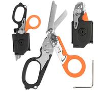 Ciseaux de traumatologie pliables multifonctionnels 6 en 1 avec étui en cuir compatible ciseaux d'intervention d'urgence outils de sauvetage de camping en plein air avec coupe (Orange et noir)