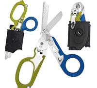 Ciseaux de traumatologie pliables multifonctionnels 6 en 1 avec étui en cuir compatible ciseaux d'intervention d'urgence outils de sauvetage de camping en plein air avec coupe (Bleu & Vert)