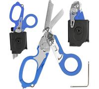 Ciseaux de traumatologie pliables multifonctionnels 6 en 1 avec étui en cuir compatible ciseaux d'intervention d'urgence outils de sauvetage de camping en plein air avec coupe (Bleu)