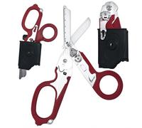 Ciseaux de traumatologie pliables multifonctionnels 6 en 1 avec étui en cuir compatible ciseaux d'intervention d'urgence outils de sauvetage de camping en plein air avec coupe (Rouge)