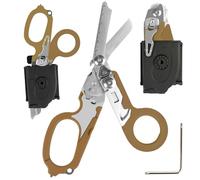 Ciseaux de traumatologie pliables multifonctionnels 6 en 1 avec étui en cuir compatible ciseaux d'intervention d'urgence outils de sauvetage de camping en plein air avec coupe (Braun)