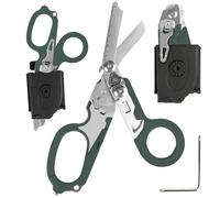 Ciseaux de traumatologie pliables multifonctionnels 6 en 1 avec étui en cuir compatible ciseaux d'intervention d'urgence outils de sauvetage de camping en plein air avec coupe (Vert menthe)