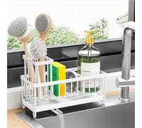 Cisily Porte-éponge pour évier de cuisine, panier d'évier avec porte-brosse haut, organiseur de vaisselle en acier inoxydable 304, séparateur de rangement pour distributeur de savon (blanc)