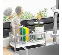 Cisily Porte-éponge pour évier de cuisine, panier d'évier en acier inoxydable argenté avec support de brosse haut, organisateur de vaisselle, organisateur de vaisselle, distributeur de savon,