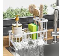 Cisily Support pour éponge d'évier de cuisine en acier inoxydable 304 antirouille avec porte-brosse haut, organiseur d'évier de cuisine avec séparateur (blanc)