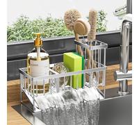 Cisily Support pour éponge d'évier de cuisine en acier inoxydable 304 antirouille avec porte-brosse haut, organiseur d'éponges à vaisselle avec séparateur (argenté)