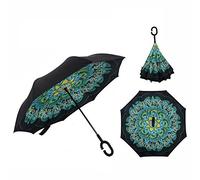 Cisixin Parapluie Inversé avec Mains Libres Poignée en Forme C, Double Couche Coupe-Vent Anti-UV Soleil, Parapluie Canne Idéal pour Voyage et Voiture (Paon)